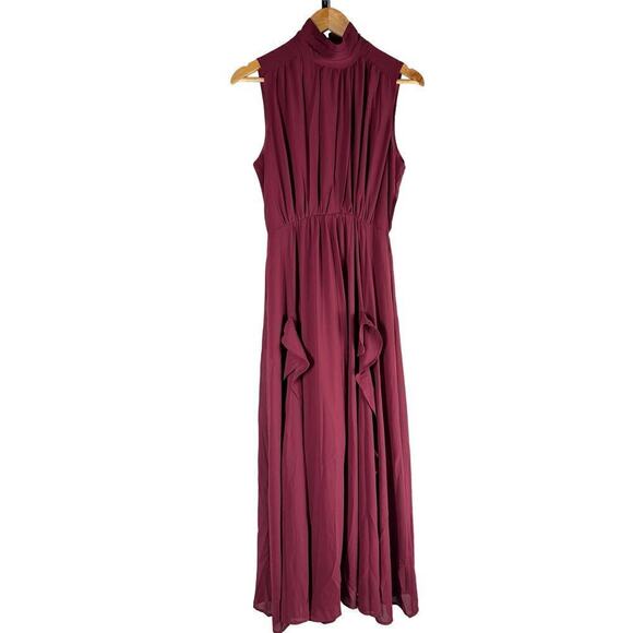 Melloday Mock Neck Ruffle Formal Party Maxi Dress Burgundy Size Small - Picture 2 of 10